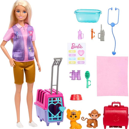 Barbie Careers Doll & Accessories, Animal Rescue & Recovery Playset with Blonde Doll, Baby Monkey & Tiger Figures, Carrier & More