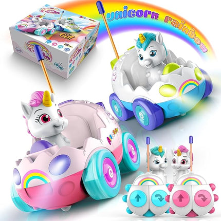 Unicorn Toys for Girls Remote Control Car for Toddlers 1-3 2 Pack RC Cars with LED Lights & Music Toys for Ages 2-4 Birthday Gifts for 4-6 6-8 Year Old (Unicorn)