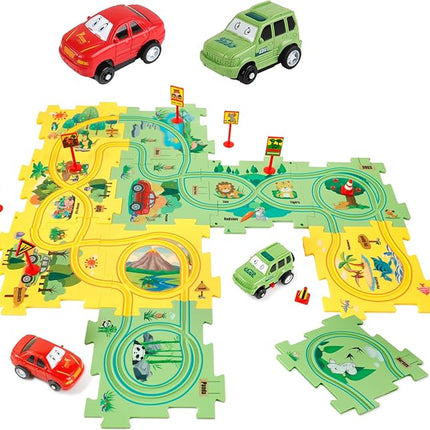 Plastic Floor Puzzles for Kids with 2 Cute Vehicles, Puzzle Racer Kids Car Track Set, Montessori Toys for 3 4 5 6 Year Old Boys, Gifts for 3 4 5 6 Year Old Boys, Toys for Ages 3-4