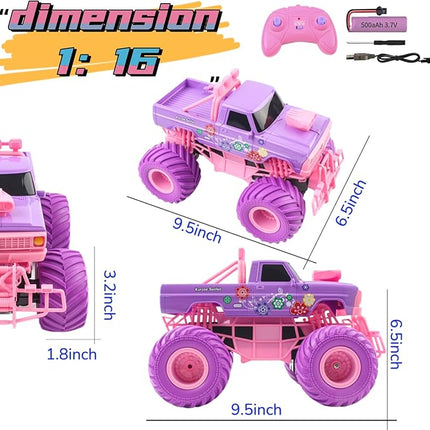 1:16 Scale RC Cars - All-Terrain Off-Road Monster & Pickup Truck, 2.4GHz Remote Control Vehicle Toys for Girls Ages 6-12 (Pink/Purple)