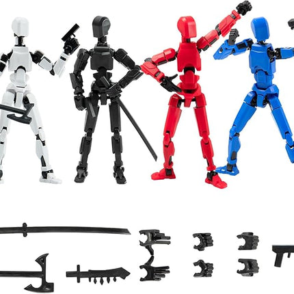 4Pack Assembled Titan T-13 Action Figures Set - Lucky Dummy Nova 13 Action Figure Robot Anime Stick Figures Fidget Toys for Boys Multi Movable Joints Gifts Toys for Kids (White+Black+Blue+Red)