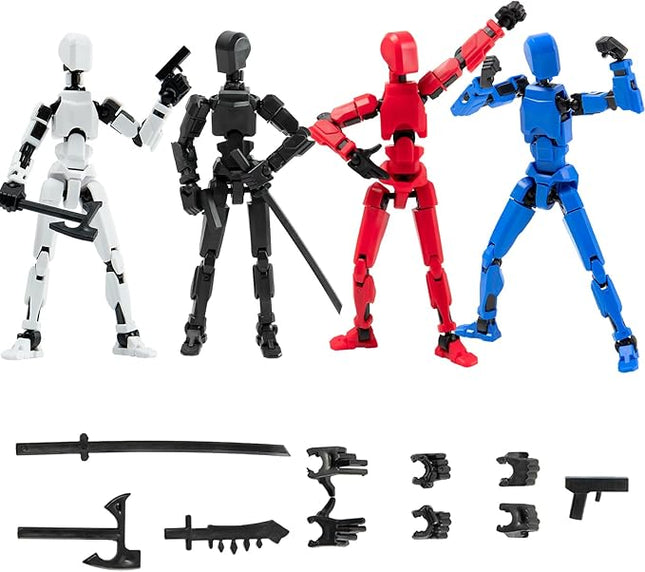 4Pack Assembled Titan T-13 Action Figures Set - Lucky Dummy Nova 13 Action Figure Robot Anime Stick Figures Fidget Toys for Boys Multi Movable Joints Gifts Toys for Kids (White+Black+Blue+Red)