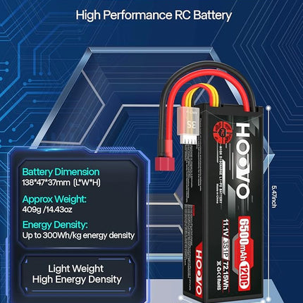 HOOVO 3S Lipo Battery 11.1V 6500mAh 120C Hard Case with Deans T Plug for RC Vehicles, RC Car Truck, RC Quadcopter, Helicopter, RC Boat, DJI Airplane, LOSI Associated Racing Hobby (2 Packs)