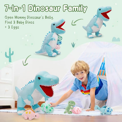 MorisMos Dinosaur Stuffed Animal with Babies,23.6'' Big Mommy Stuffed Dino T-rex with 3 Baby Dino Stuffed Toys & 3 Eggs Plush Inside Belly, Boy Girl Dinosaur Toys for Kid 3-5,Blue T-rex Toys Gift