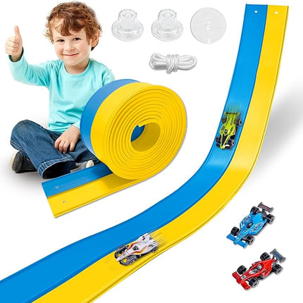 Flexible Race Track Toys for Kids 15 Ft with 4 Cars & Suction Cups, Portable Double Lane Racetrack Compatible with Hot Wheels & 1/64 Diecast Cars, Fun Car Ramp Track Set for Ages 3+(Blue & Yellow)