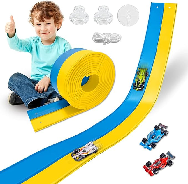 Flexible Race Track Toys for Kids 15 Ft with 4 Cars & Suction Cups, Portable Double Lane Racetrack Compatible with Hot Wheels & 1/64 Diecast Cars, Fun Car Ramp Track Set for Ages 3+(Blue & Yellow)