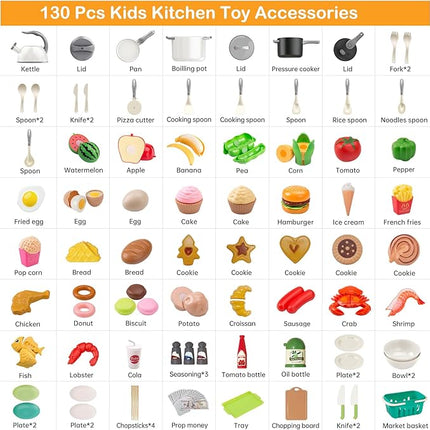 130Pcs Kitchen Playset, Toddler Pretend Cooking Play Pots, Pans, Utensils Cookware, Daily Food Fruit Veges, Shopping Storage Basket, Dessert, Prop Money, Learning Gift for Child (White)