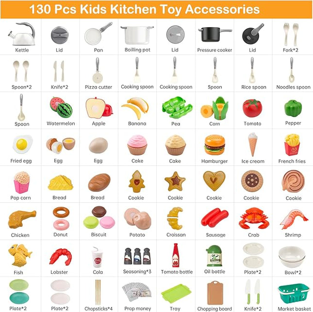 130Pcs Kitchen Playset, Toddler Pretend Cooking Play Pots, Pans, Utensils Cookware, Daily Food Fruit Veges, Shopping Storage Basket, Dessert, Prop Money, Learning Gift for Child (White)