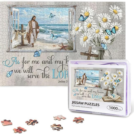 Christian Wooden Jigsaw Puzzle 1000 Pieces for Adults - Jesus Walking on Beach & Joshua 24:15 Bible Verse, Religious Scripture Art for Stress Relief, Inspirational Home Decor and Gift