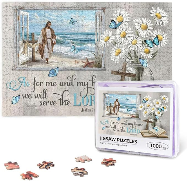 Christian Wooden Jigsaw Puzzle 1000 Pieces for Adults - Jesus Walking on Beach & Joshua 24:15 Bible Verse, Religious Scripture Art for Stress Relief, Inspirational Home Decor and Gift