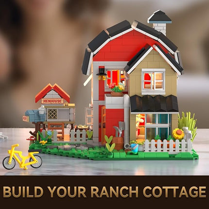 Farm House Building Set with Lighting Kit - Ranch Cottage Building Blocks Set with Chicken Coop, Flowers, Animals - Display for Home Office Decor, Gift for Adults Teen Kids 8+ (1268 PCS)
