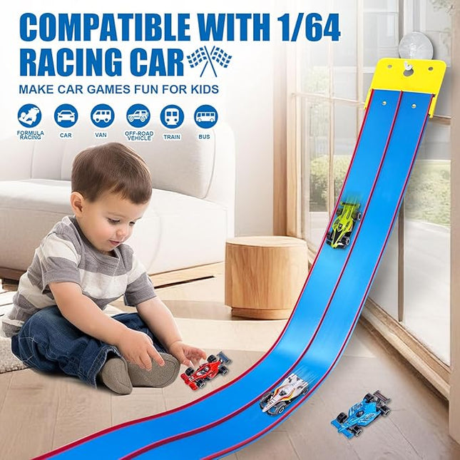 Flexible Race Track Toys for Kids, 15 Ft Double Lane Racetrack with 4 Cars & Suction Cups, Compatible with Hot Wheels & 1/64 Diecast Cars, Portable Roll Up Car Ramp Track Set for Ages 3+(Blue & Red)