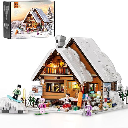 FUNWHOLE Christmas Ski-Cabin Lighting Building-Bricks-Set - Retro Christmas Winter Snow House Collection LED Light Building Construction Holiday Model Set 2187 Pcs for Adults and Teen