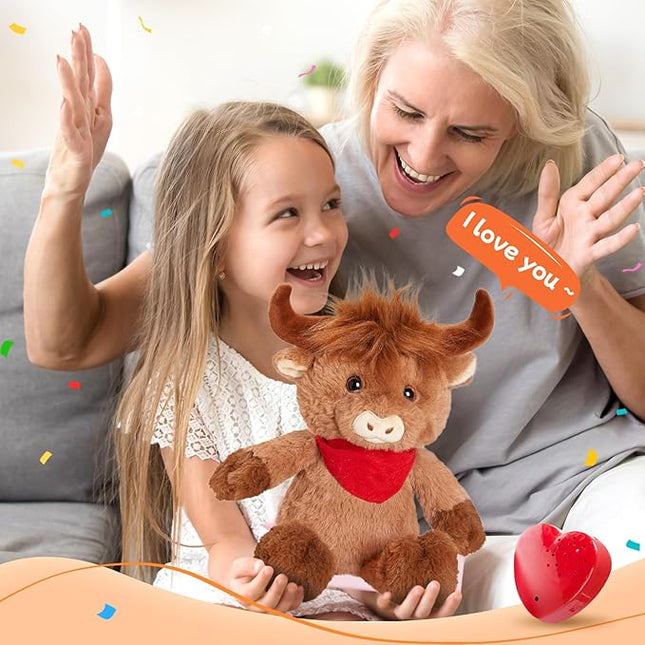 12.5" Heartbeat Highland Cow Recordable Stuffed Animals Voice Sweet Messages Recorder Soft Plush Toy Playback Your Words Birthday Gifts for Toddler Kids
