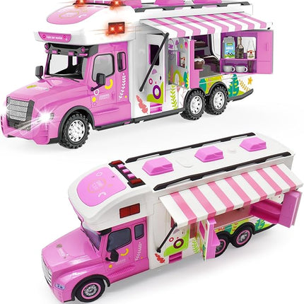 Remote Control Camper Toys, RC Truck for Boys Pull Back Model Car Doors & Awning Open Light Sound, RC Food Car Age 3 4 5 6 7 8 Kids Toddlers Birthday Gifts