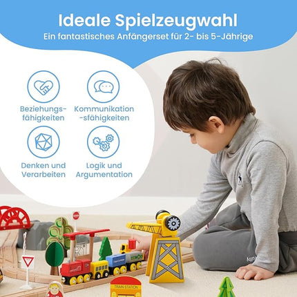 Tiny Land 55PCS Wooden Train Set - Compatible with Major Brand Tracks, Educational Toy for Toddlers & Kids Ages 3-7, Durable Wooden Railway Tracks