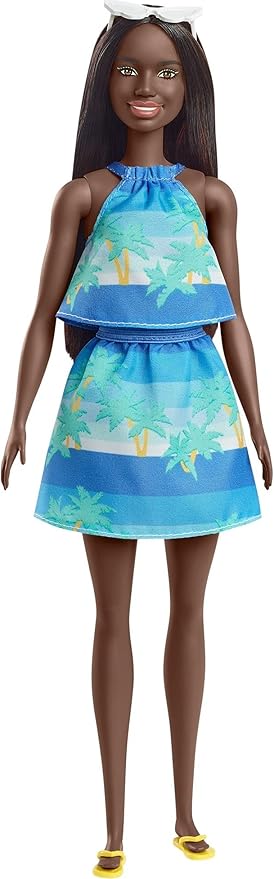 Barbie Loves The Ocean Doll with Brown Hair Weariing Tropical Print Dress & Accessories, Fashion Doll & Clothes Made from Recycled Plastics