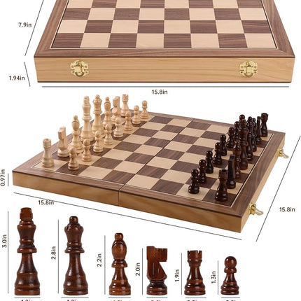 Wooden Chess Set with Folding Board - 15" Classic Magnetic Chess Set with Protective Bag for Adults, Chess Lovers Tournament Professional Beginner