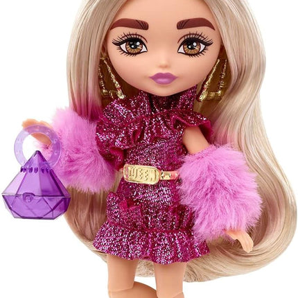 Barbie Extra Minis Doll & Accessories with Blonde Hair Wearing Shimmery Dress & Furry Shrug, 5.5-inch
