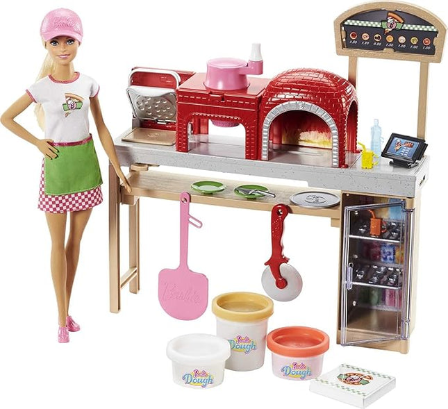 Barbie Careers Playset, Blonde Pizza Chef Doll with Toy Oven & Counter with Sliding Conveyer Belt, Molds, 3 Dough Colors & Accessories