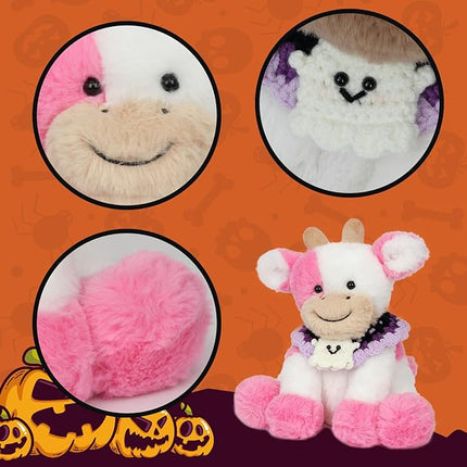 Hopearl Adorable Halloween Plush Cow Toy with Knitted Cute Ghost Bib Floppy Dairy Cattle Soft Stuffed Animal Gifts for Boys Girls Kids Toddlers, Pink, 9''