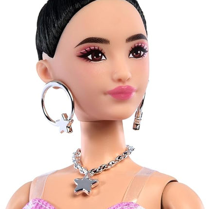 Barbie Deluxe Style Doll #11 in Pink Denim Star-Print Dress with Matching Tights, Black Hair in High Bun, Accessories Like Handbag and Jewelry
