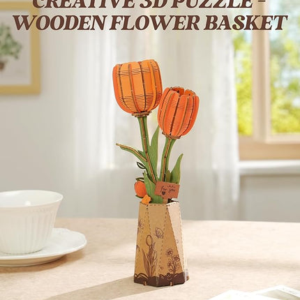 rowood Wooden Flower,DIY Artifical Flower Building Set Craft Kit for Adults,Mother's Day/Valentine's Day for Mom/Women/Grandma-Orange Tulip
