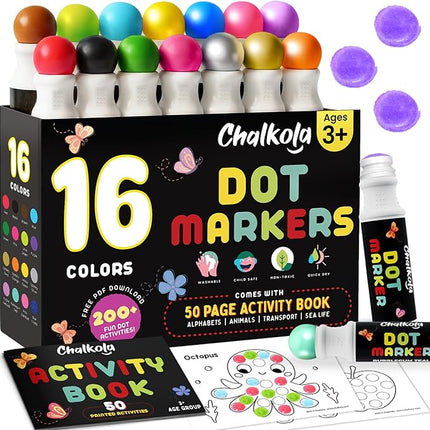 Chalkola 16 Washable Dot Markers for Toddlers | w/ 50 Page Coloring Activity Book Kit, Bingo Daubers | Preschool Paint Dot Art Set - Toddler Painting Craft and Art Supplies for Kids Ages 1, 2, 3, 4 5