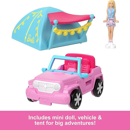 Barbie Mini BarbieLand Playsets with Toy Vehicle & 1.5-inch Doll, SUV with Color-Change Surprise & Tent Accessory