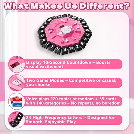 Word Game Family Board Game with Digital Display Timer, 2 Modes, 35 Double-Sided Cards, Fun Fast-Paced 24-Letter Game for Learning Party Interactive, 2+ Players, Ages 3 & Up (Pink)