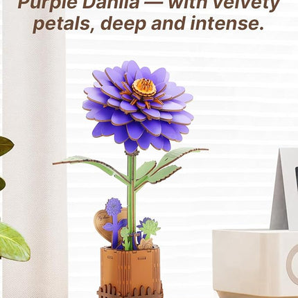 Welsky 3D Dahlia Wooden Puzzles for Adults, DIY Wooden Flower Craft Kit, Artificial Flowers Model Kit to Assemble for Adults.(6.14 * 3.9 * 8.86in 117PCS)