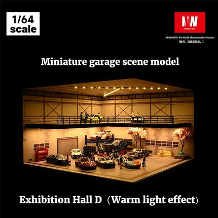 1/64 Model Car Display Case,Fits for 1/64 Hot Wheels Diecast Model Car,Diorama Double Decker Car Showroom Garage Model with Dimmable LED Lighting City Car Parking Lot Scene Model Collection (D)