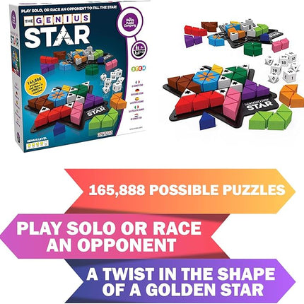 The Happy Puzzle Company The Genius Star | Toy of The Year Award Winning Family Board Game | 165,888 Possible Puzzles | Filling in Colored Shapes | Blockers to Complete A Star | Golden Star Twist