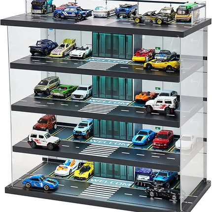 Display Case Compatible with Hot Wheels Garage & Matchbox Cars with LED Light 1/64 Scale Diecast Toy Cars Storage Case 5 Level Holds Max 75 Cars Storage Case for Hot Wheels Garage Gifts for Collector