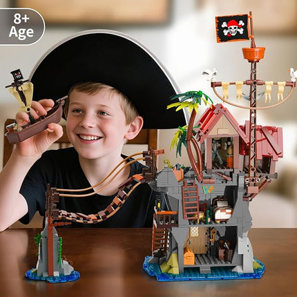 Pirate Cabin Building Sets for Adults,Pirate's House with Bridge and Ship in Island,Medieval Castle Skull Building Block Toy for Home Decor,Ideal Gift for Men Teens Kids Boys 8+(1044PCS)