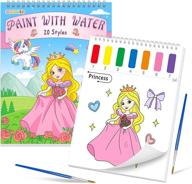 Paint with Water Coloring Books for Toddlers, Princess Theme Mess Free Watercolor Painting Papers for Kids Water Color Paint Kit Art Craft Birthday Gift for Ages 1-3, 4-8