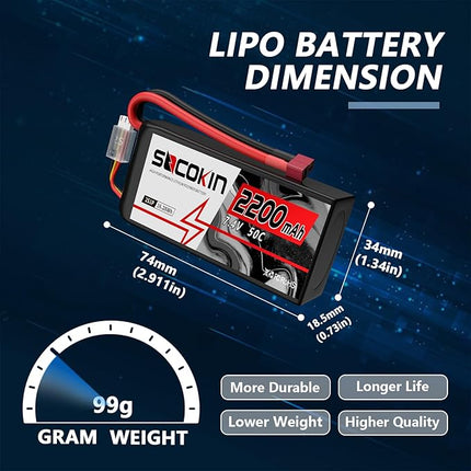 2S Lipo Battery 7.4V 50C 2200mAh Batteries with T-Plug Connector Plug Shorty Soft Case Battery for FPV Drone Quadcopter UAV Airplane Helicopter RC Car Truck Boat Truggy (2 Pack)