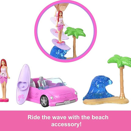 Barbie Mini BarbieLand Doll & Toy Vehicle Set, 1.5-inch Doll & Beach Convertible with Color-Change, Plus Beach Accessory