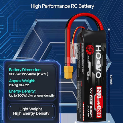 HOOVO 2S Lipo Battery, 7.4V 6200mAh 120C RC Battery Pack,Softcase with XT60 Plug for RC Car Truck Buggy Crawler Airplane Boat RC Vehicle,2Packs