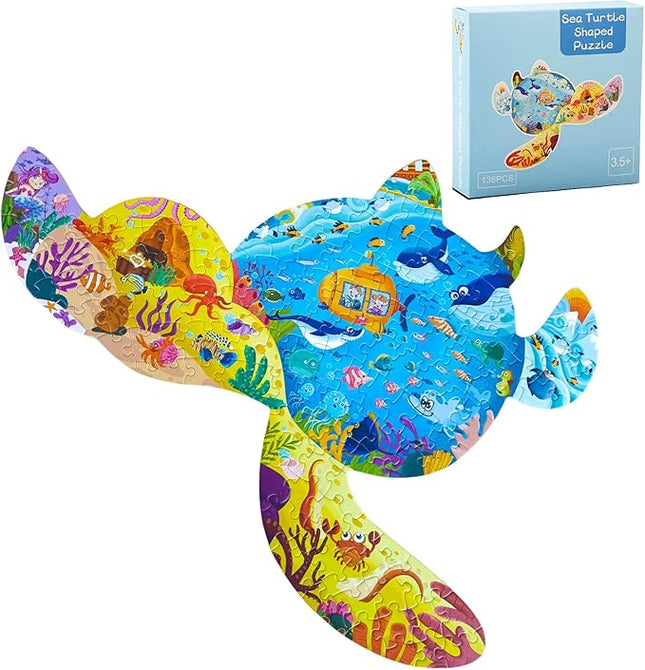 Puzzles for Kids Ages 4-6-8, 136 Piece Kid Puzzles Turtle Animal Shape Jigsaw Puzzles Learning Educational Toys Birthday Gifts for Boys Girls Ages 4 5 6 7 8 9 10(Turtles)