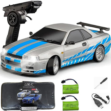 LD1899 1:18 RC Drift Car GTR R34 2.4GHz RWD with Gyroscope on-Road Alloy Body Shell Racing Cars Radio Control (Silvery)