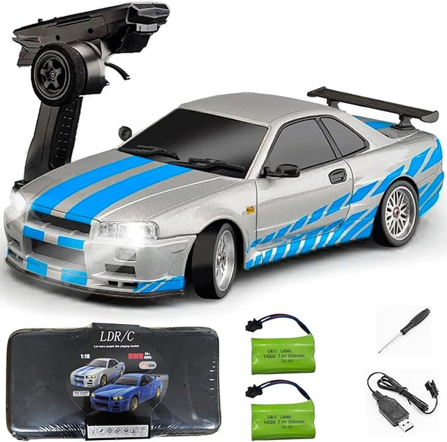 LD1899 1:18 RC Drift Car GTR R34 2.4GHz RWD with Gyroscope on-Road Alloy Body Shell Racing Cars Radio Control (Silvery)