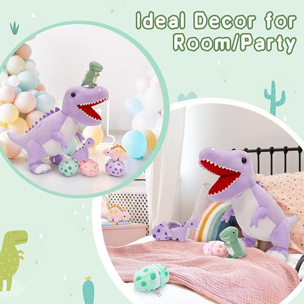 MorisMos Dinosaur Stuffed Animal with Babies,23.6'' Big Mommy Stuffed Dino T-rex with 3 Baby Dino Toys & Eggs Plush Inside Belly,Boy Girl Dinosaur Toys for Kids Birthday Gift,Purpel T-rex Party Decor