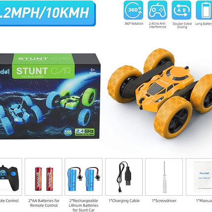 Remote Control Car Double Sided 360°Rotating 4WD RC Cars with Headlights 2.4GHz Electric Race Stunt Toy Car Rechargeable Toy Cars for Boys Girls Birthday (Yellow)