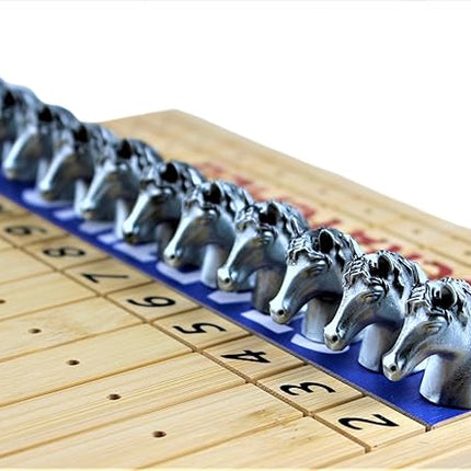 Metal Horse Race Board Game Set with Horse Racing Thick & Solid Wood Game Board, 11 Luxurious & Durable Classic Silver Colored Metal Craft Horses, Dice and Cards for Horseracing (HR-551)