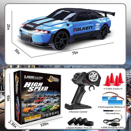 Remote Control Car RC Drift Car 2.4GHz 1:24 4WD 15KM/H High Speed Racing Sport Car with LED Lights Drifting Tire Racing Sport Toy for Adults Boys Girls Kids Gift 2Pcs Rechargeable Batteries