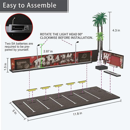 1/64 Diorama Garage, Garage and Display Case for Model Car, Scenic Diorama Display Car Park with 2 LED Street Lamps and 5 Outdoor Parking Spaces (American-Style Garage)