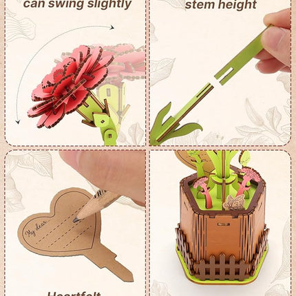 3D Carnation Wooden Puzzles for Adults, DIY Carnation Wooden Flower Craft Kit, Mother's Day Valentine's Day, Home Decor Gift for Women/Men .(3.81 * 3.19 * 8.86in 90PCS)