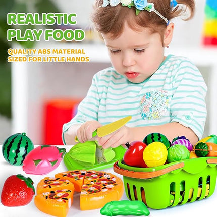 100 PCS Cutting Play Food Toy for Kids Kitchen, Pretend Food Toys for Toddlers, Play Kitchen Toys Accessories with 2 Baskets, Fake Food/Fruit/Vegetable, Birthday Gifts for 3 4 5 6 Years Old Boys Girls