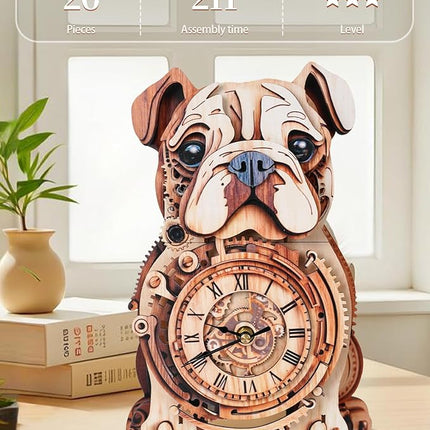 3D Wooden Puzzles for Adults, 3D Puzzles Bulldog Clock(with Pendulum) 32Pcs, Beginners Wooden Puzzle for Adults Teens Home Wall Decor Gift for Women Men